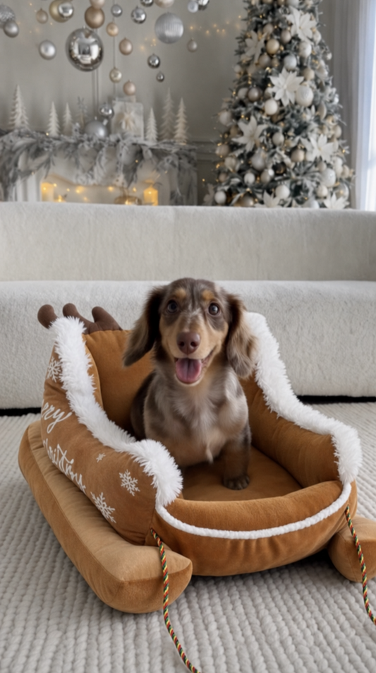 Brown reindeer sleigh dog bed